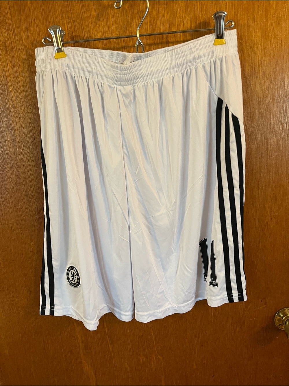 adidas White Soccer Shorts with Black Three-Stripe Accents
